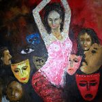 Menari diantara topeng, oil on canvas 50 X 60 tahun 2003